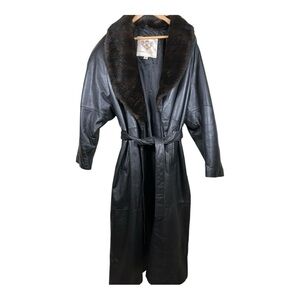 Vtg Laura Winston Collection XL Black Leather Trench Coat Fox Fur Collar